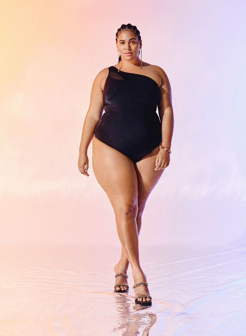 One-shoulder swimsuit with mesh details, Black, Image image number 0