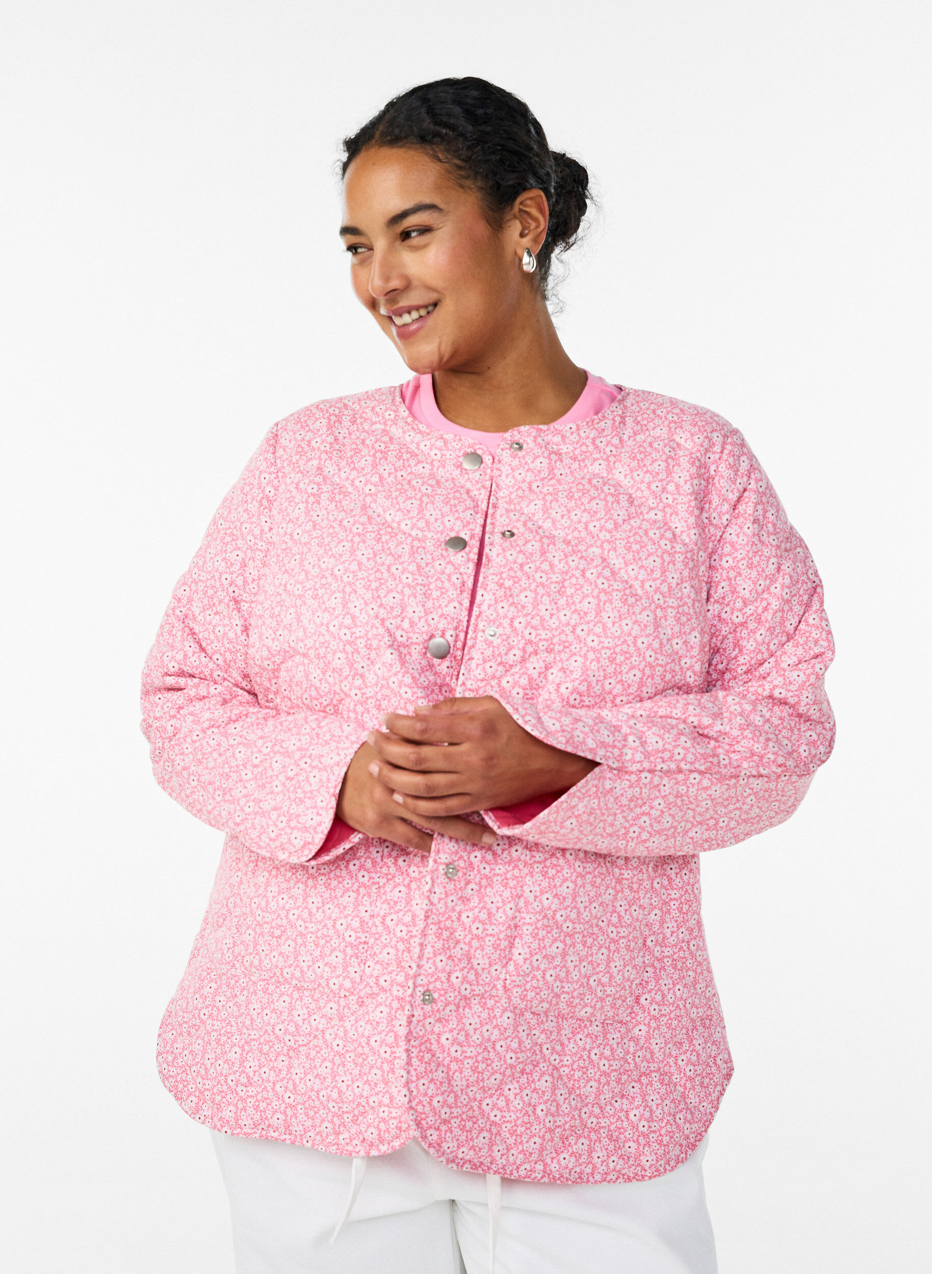Lightweight quilted jacket with floral print, Rose, Model