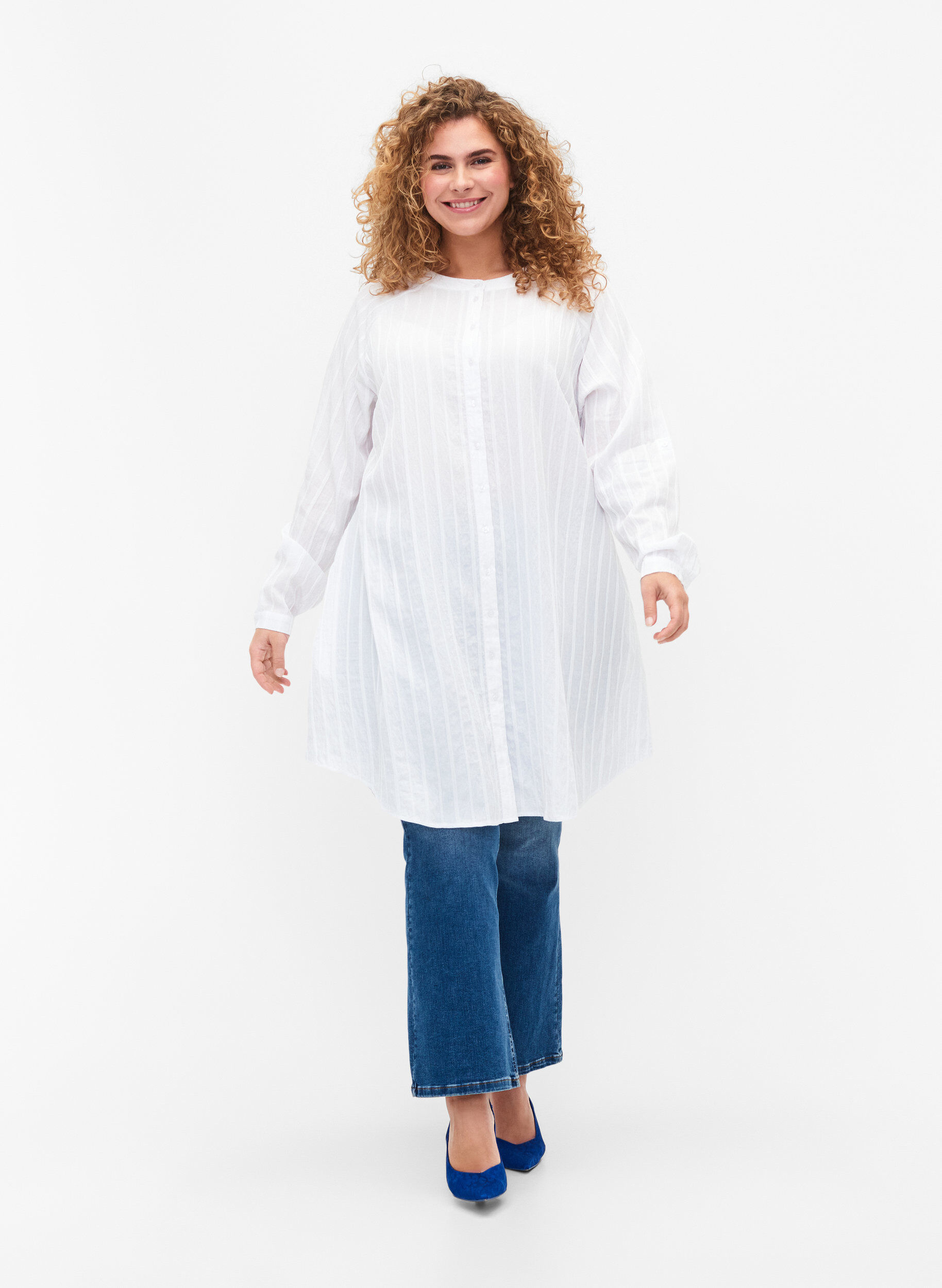 Zizzifashion Long viscose shirt with striped structure, Bright White, Model image number 2