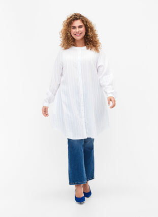 Long viscose shirt with striped structure, Bright White, Model image number 2