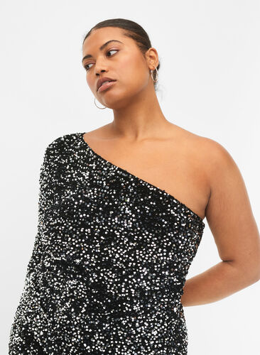 Short one-shoulder dress with sequins, Black/Silver Sequins, Model image number 2
