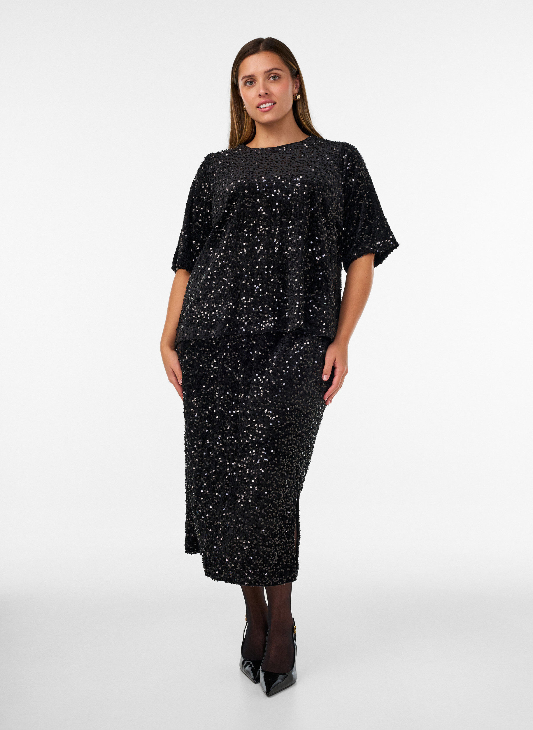 ZizzifashionSequin blouse with elbow-length sleeves, Black, Model image number 1