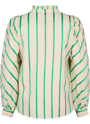 Striped cotton shirt blouse with ruffle collar, Beige Green Stripe, Packshot image number 1