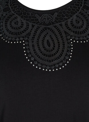 Short-sleeved viscose t-shirt with lace details, Black, Packshot image number 2