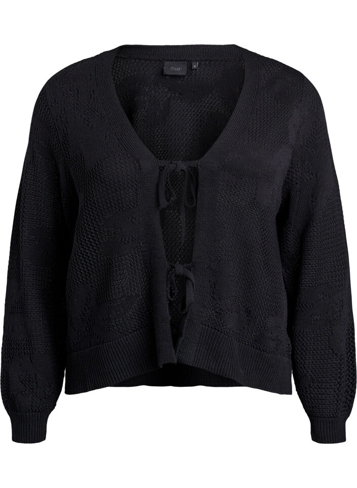 Knitted cardigan with openwork pattern and tie strings, Black, Packshot image number 0