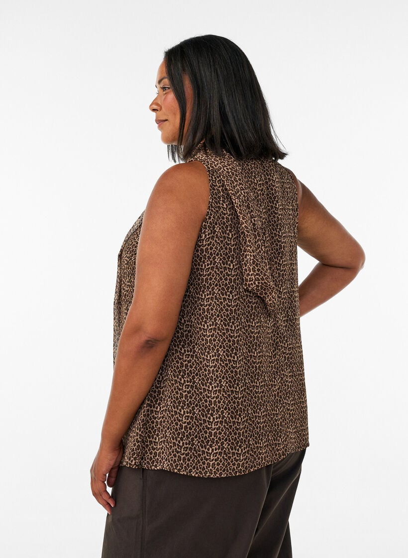 High-neck sleeveless blouse with a bow, Brown, Model image number 2