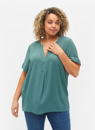 Short-sleeved blouse with v-neckline, Mallard Green, Model image number 0