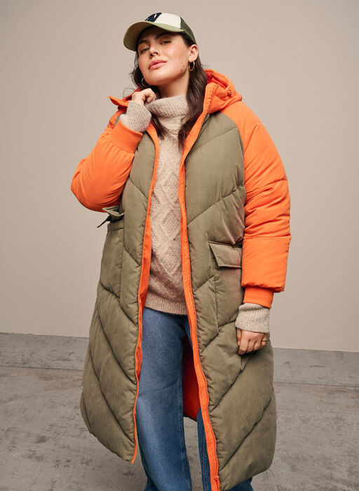 Long colorblock winter jacket with hood, Bungee Cord Comb, Image image number 1
