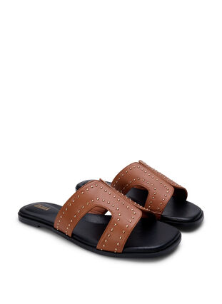 Flat slip-on wide fit sandals with studs, Friar Brown, Packshot image number 1