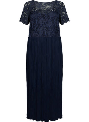 Short-sleeved maxi dress with pleats and lace, Night Sky, Packshot image number 0