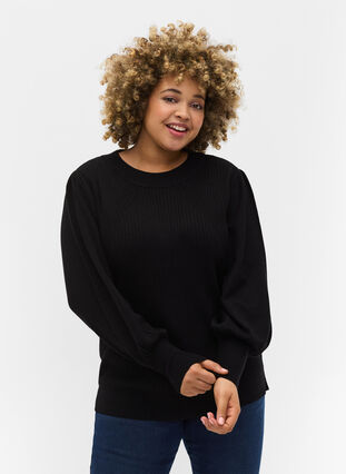 Ribbed blouse with balloon sleeves, Black, Model image number 0