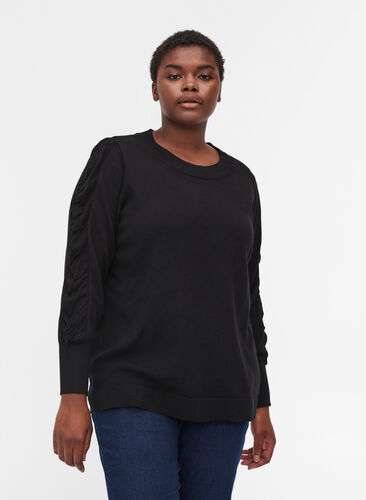Viscose knitted top with draped sleeves, Black, Model image number 0