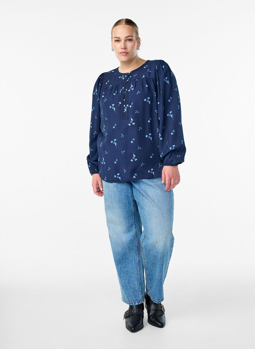 Blouse with button fastening and small flowers, Blue, Model image number 1