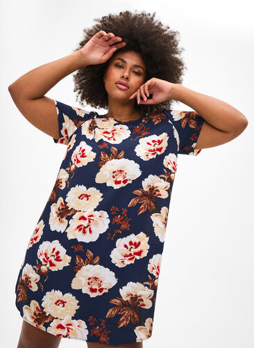 Dress with print and short sleeves, Navy B. Rose AOP, Image image number 0