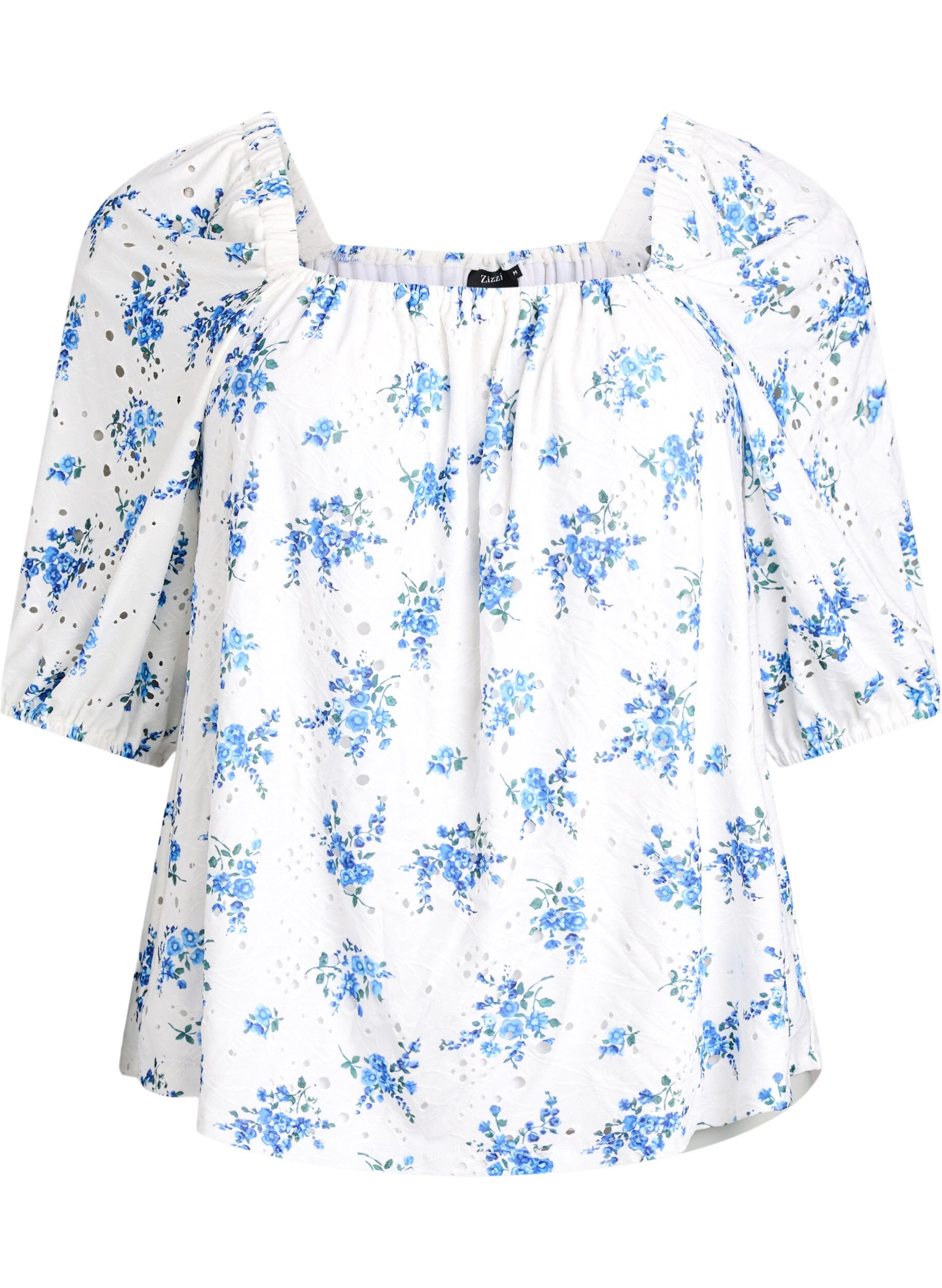 Zizzifashion Floral blouse with a square neckline and eyelet embroidery, White, Packshot image number 0