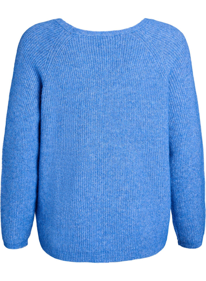 Knitted blouse with V-neck and raglan sleeves, Blue, Packshot image number 1