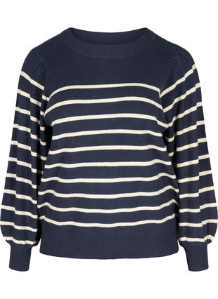 Striped knitted blouse with balloon sleeves, Navy Blazer W/Stripe, Packshot image number 0