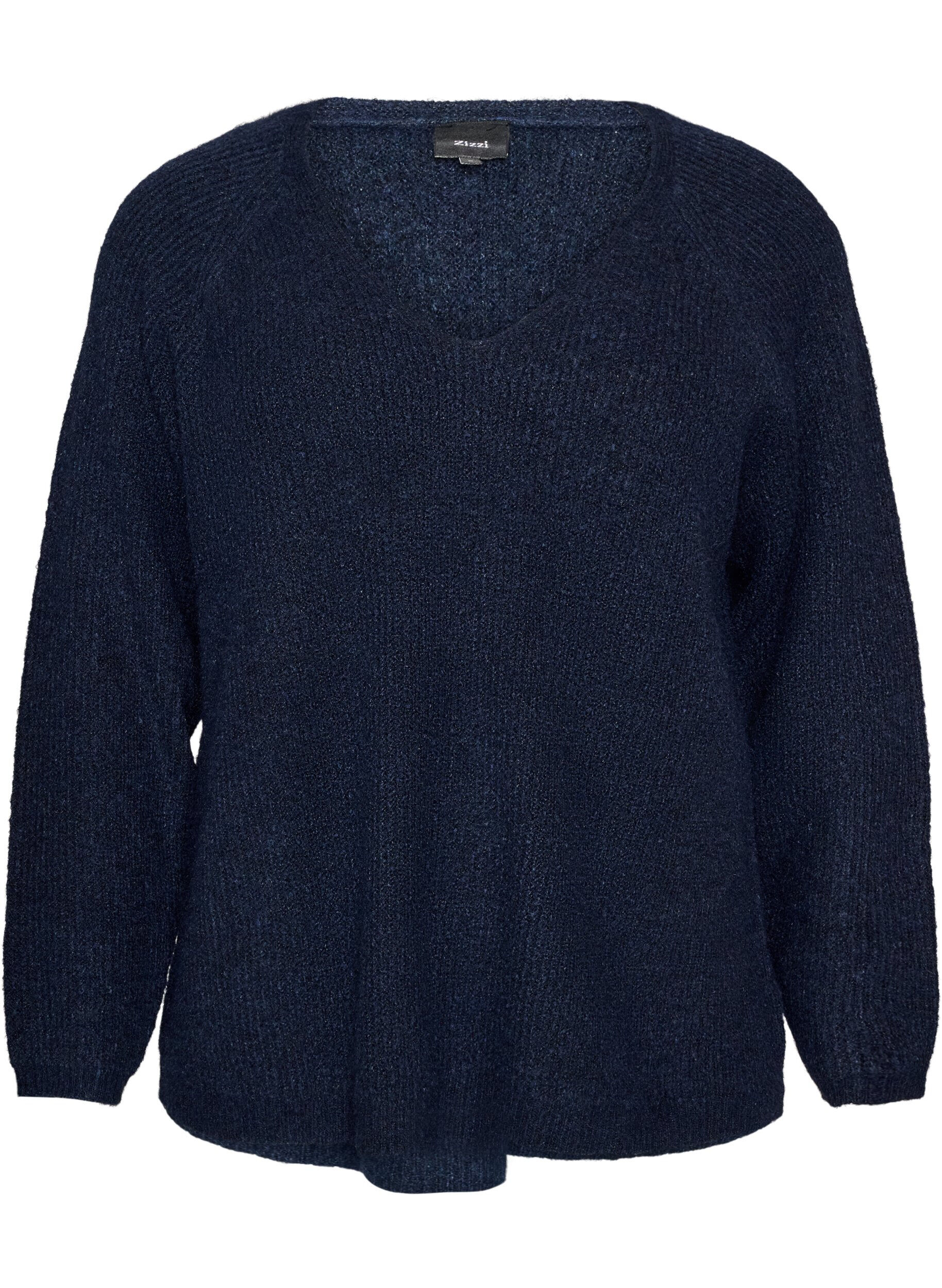 ZizzifashionKnitted blouse with V-neck and raglan sleeves, Blue, Packshot image number 0