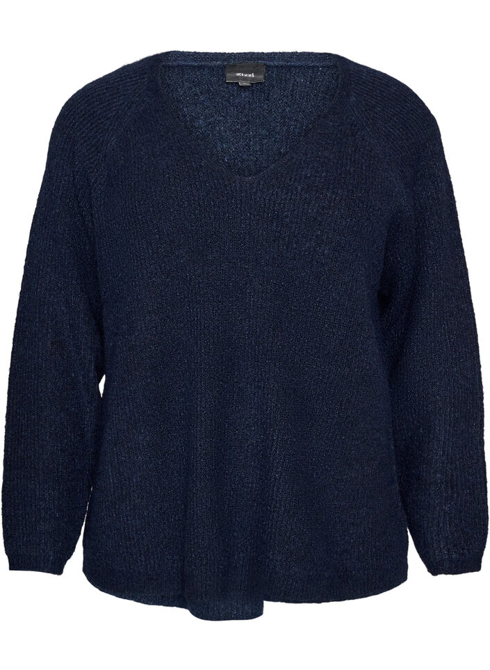 Knitted blouse with V-neck and raglan sleeves, Blue, Packshot image number 0