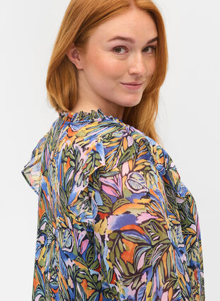 Colourful midi dress with smocking and long sleeves, Vibrant Leaf, Model image number 2