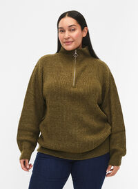 FLASH - Knitted sweater with high neck and zipper, Dark Olive Mel., Model