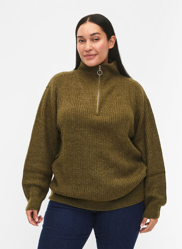 FLASH - Knitted sweater with high neck and zipper, Dark Olive Mel., Model image number 0