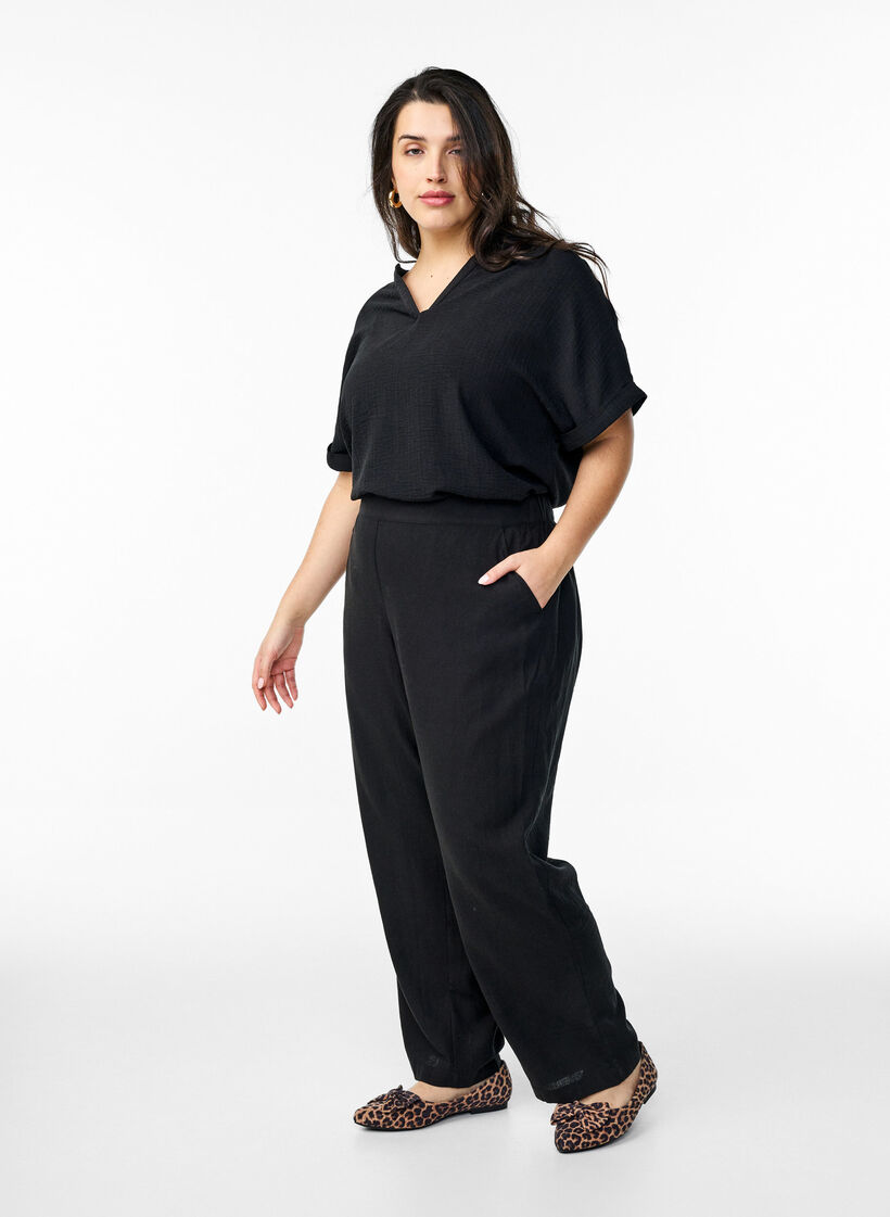 Loose trousers in linen and viscose, Black, Model image number 0