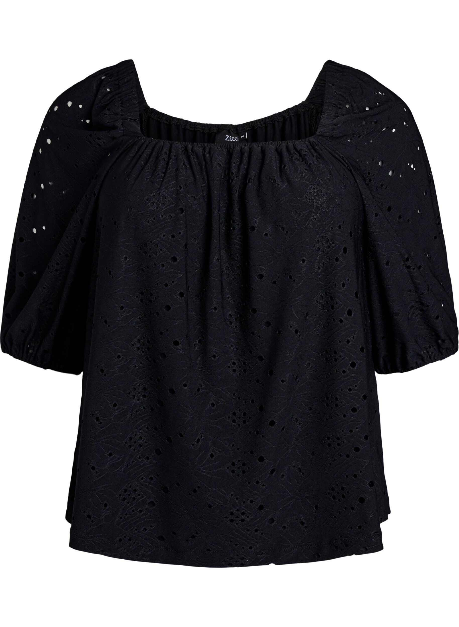 ZizzifashionBlouse with short puff sleeves and an openwork pattern, Black, Packshot image number 0