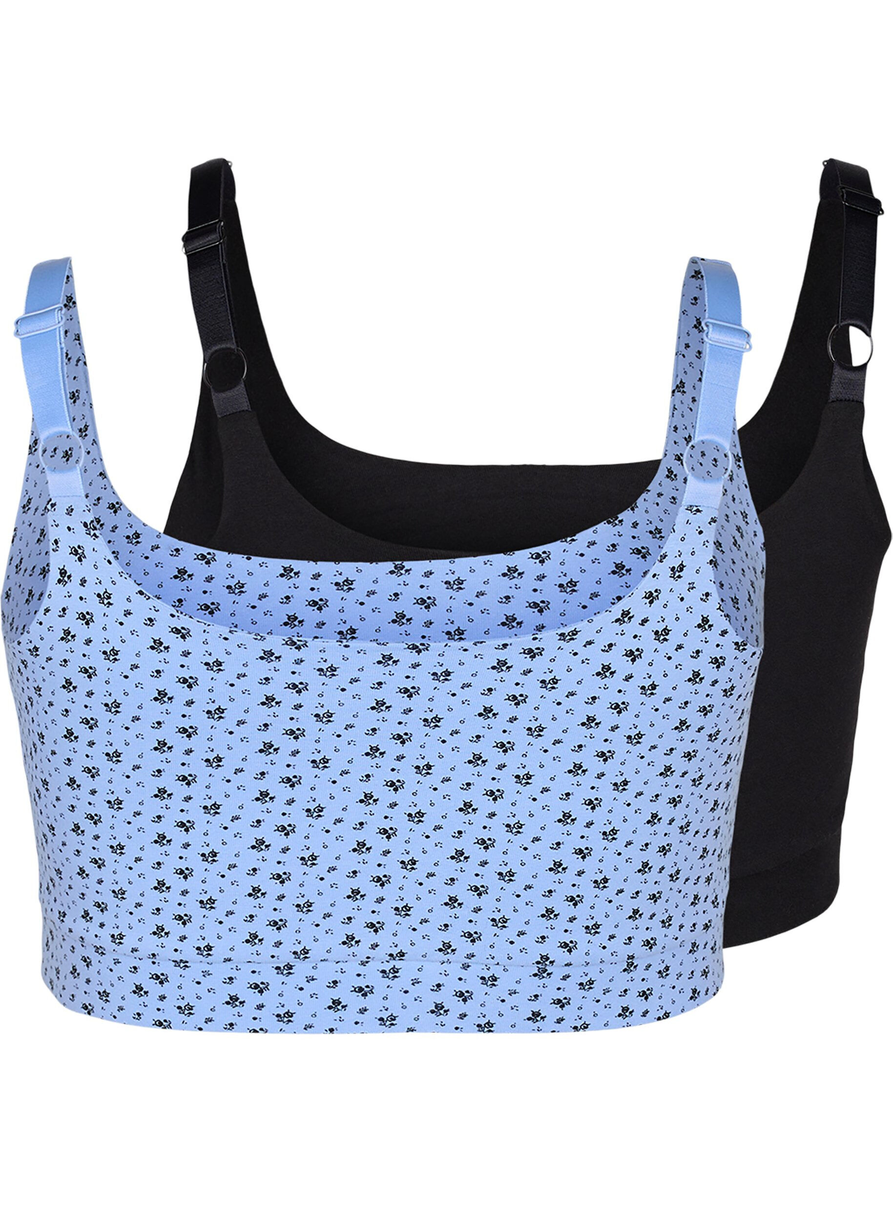 Zizzifashion 2-pack bra top in cotton with adjustable straps, Serenity AOP/Black, Packshot image number 1