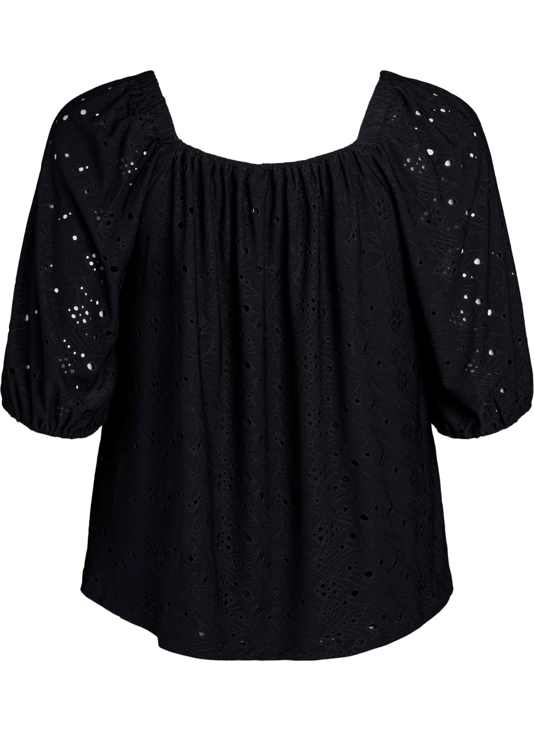 ZizzifashionBlouse with short puff sleeves and an openwork pattern, Black, Packshot image number 1