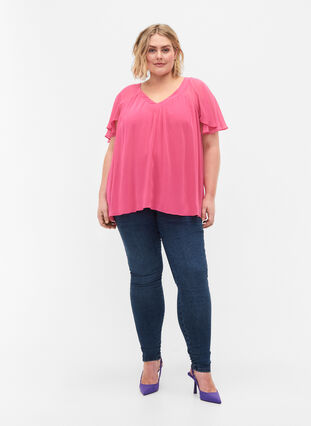  Plain top with batwing sleeves and V-neck, Shocking Pink, Model image number 2