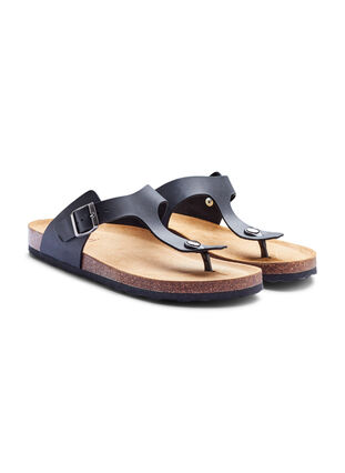 Leather sandals with toe strap and a wide fit, Black, Packshot image number 1