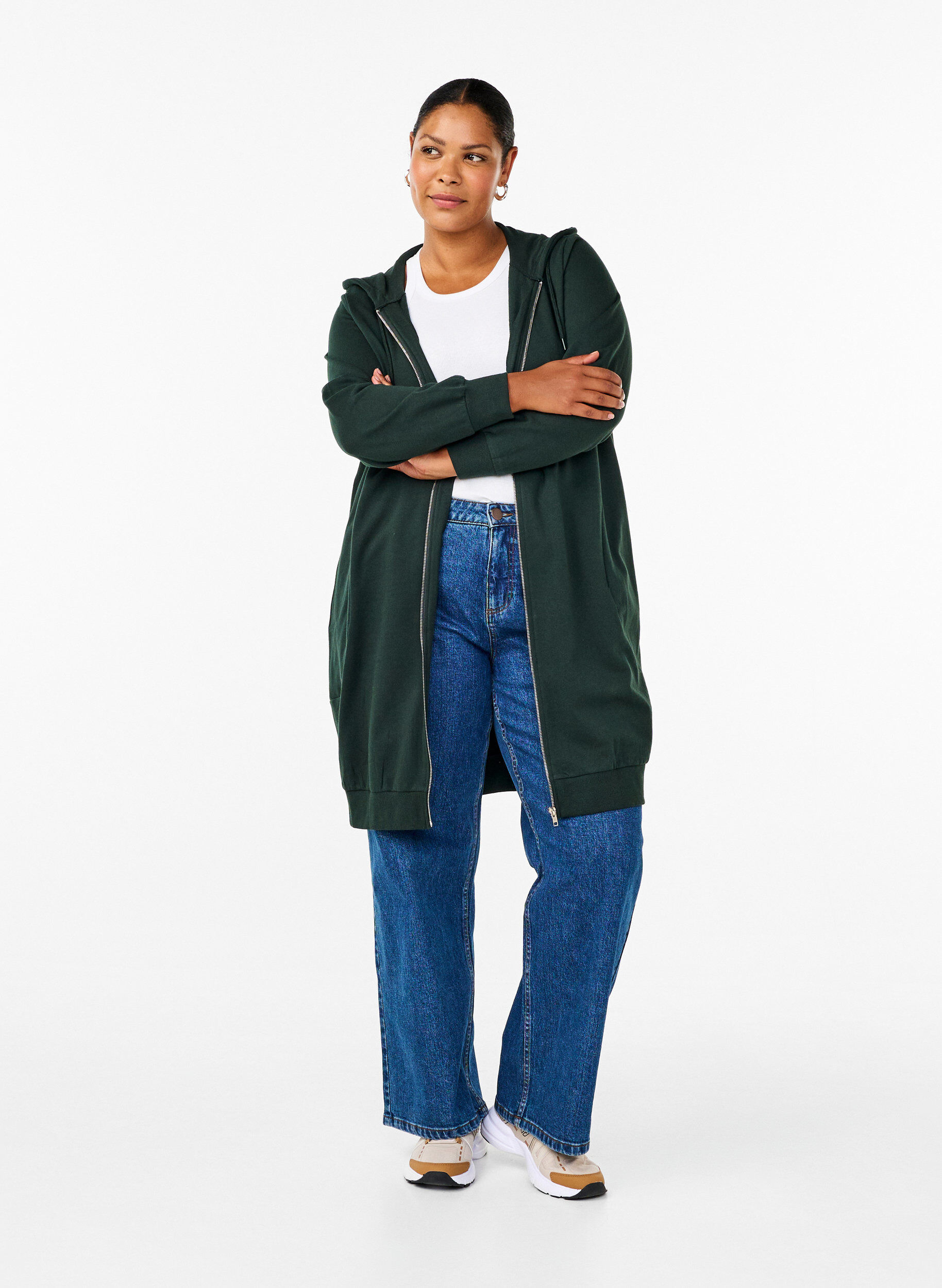 Zizzifashion Long cotton sweat cardigan with hood, Green, Model image number 1