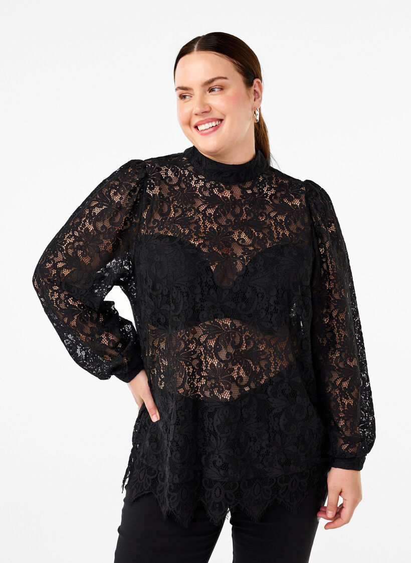 Lace blouse with bow detail, Black, Model image number 0