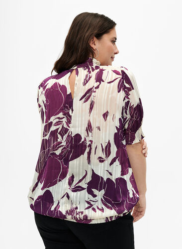 Short-sleeved smock blouse with print, D.Purple Graphic AOP, Model image number 1