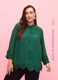 Viscose shirt with 3/4 sleeves and embroidery details, Hunter Green, Model