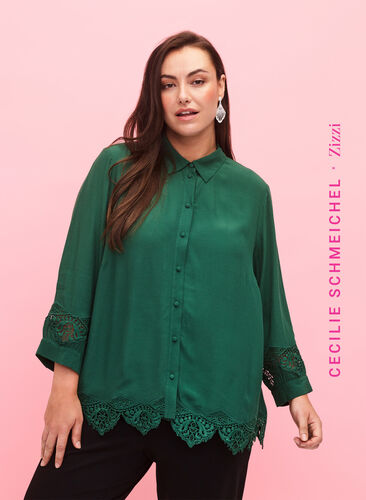 Viscose shirt with 3/4 sleeves and embroidery details, Hunter Green, Model image number 0