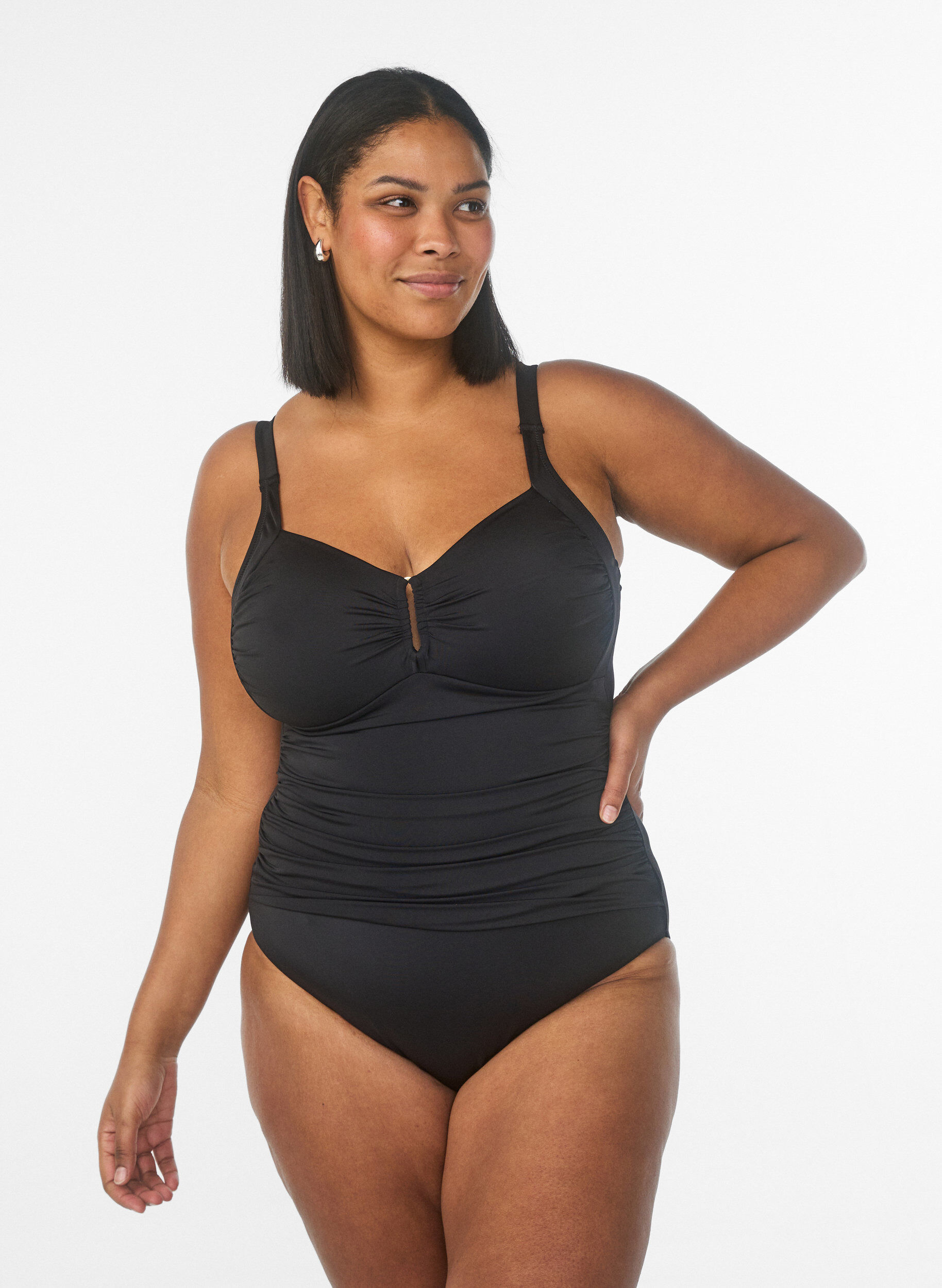 Swimsuit with ring detail and draping, Black, Model
