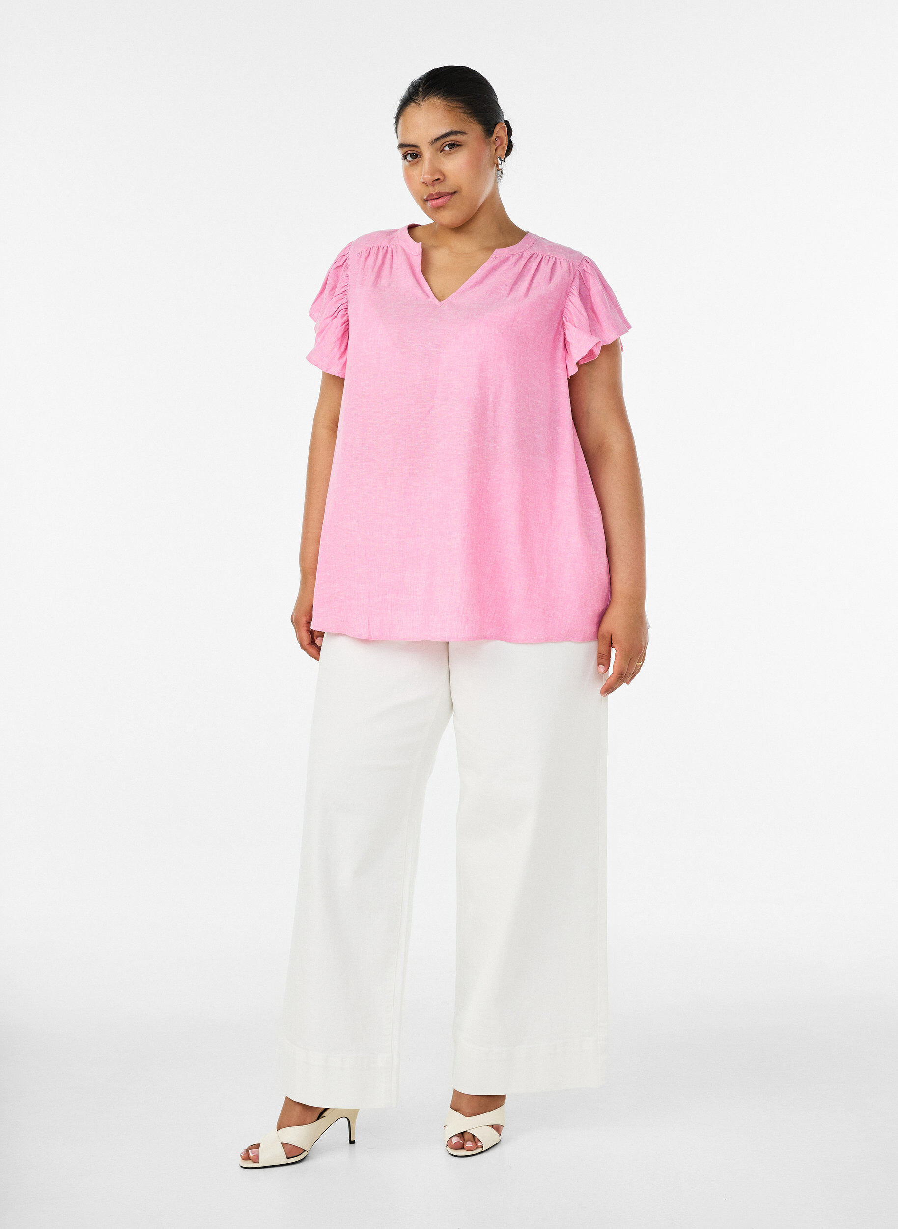 ZizzifashionViscose and linen blouse with ruffle sleeves, Pink, Model image number 1