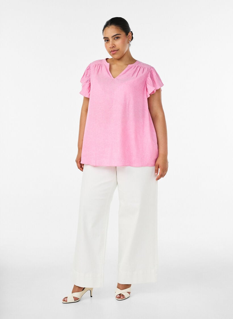 Viscose and linen blouse with ruffle sleeves, Pink, Model image number 1