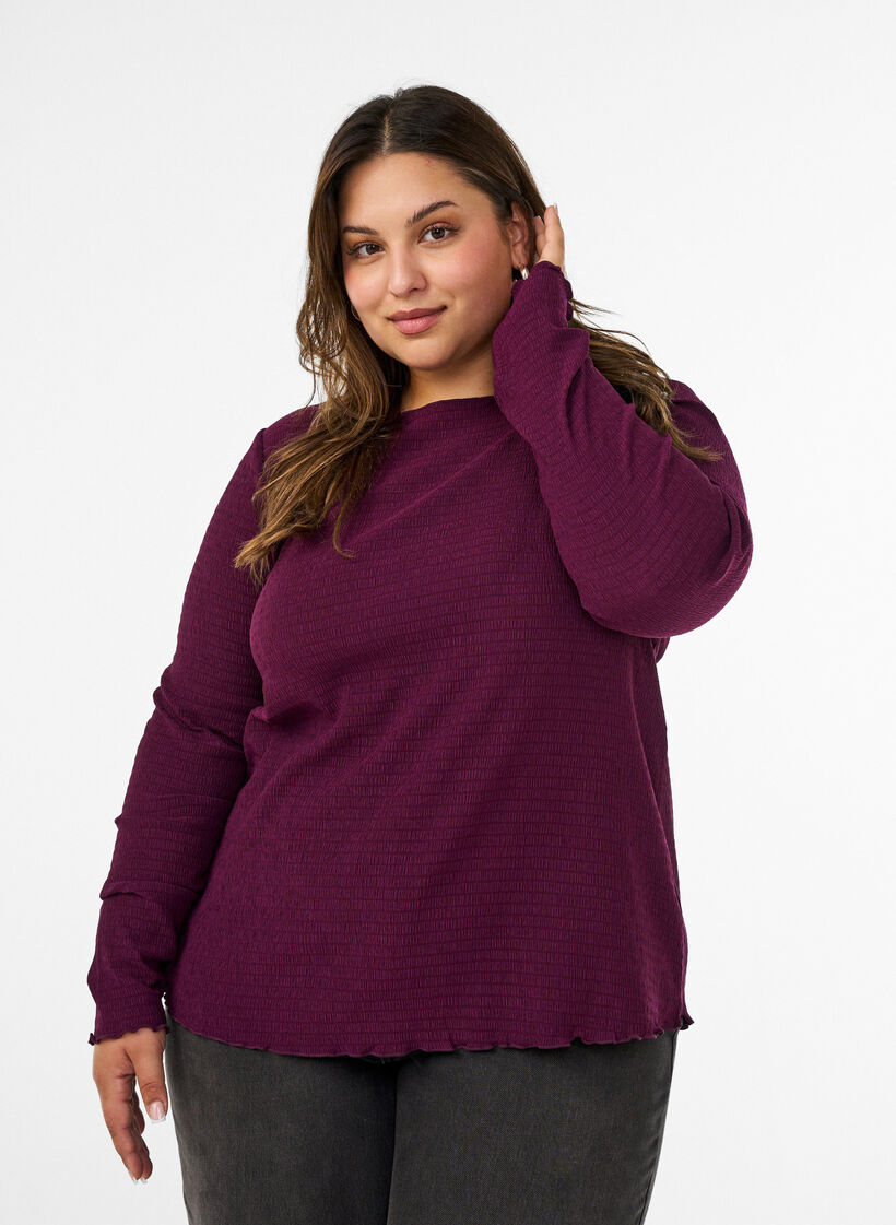 Textured blouse with wavy edges, Purple, Model image number 0
