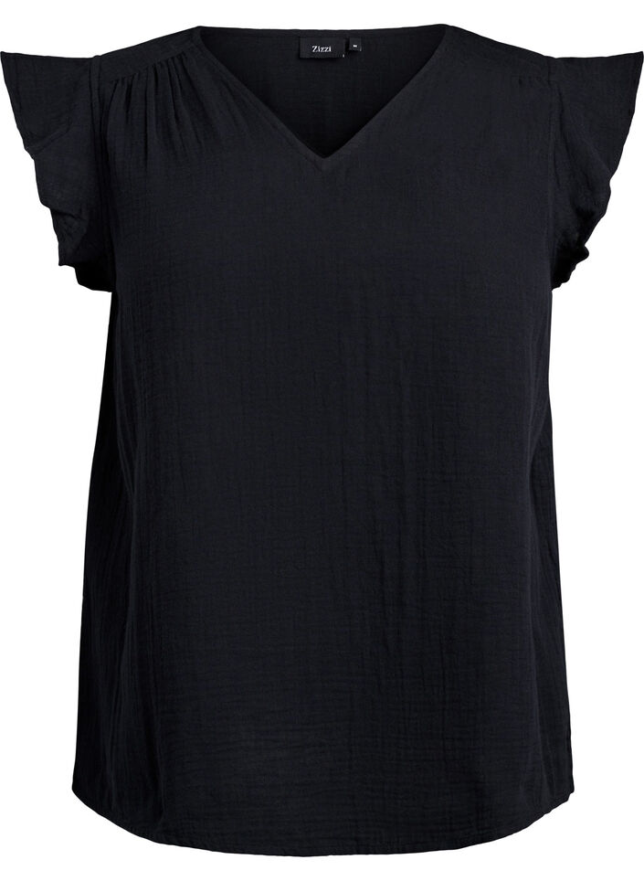 Sleeveless top in cotton muslin with ruffles, Black, Packshot image number 0