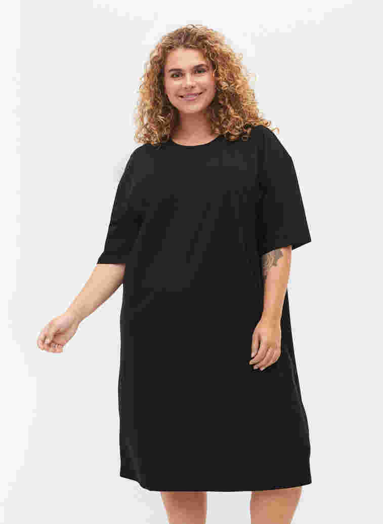 Short-sleeved cotton dress with slits, Black, Model