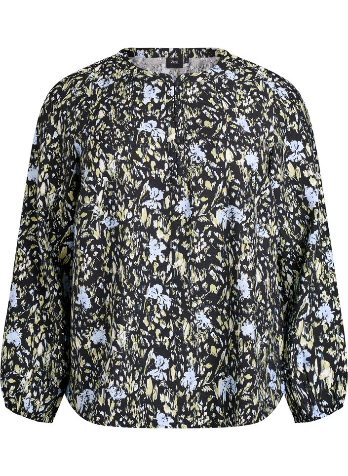 Long-sleeved blouse with pattern and buttons, Black, Packshot image number 0