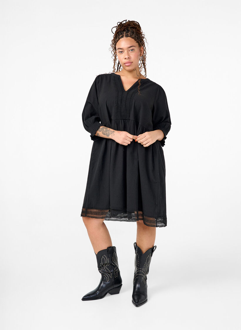 Cotton dress with crochet details, Black, Model image number 2