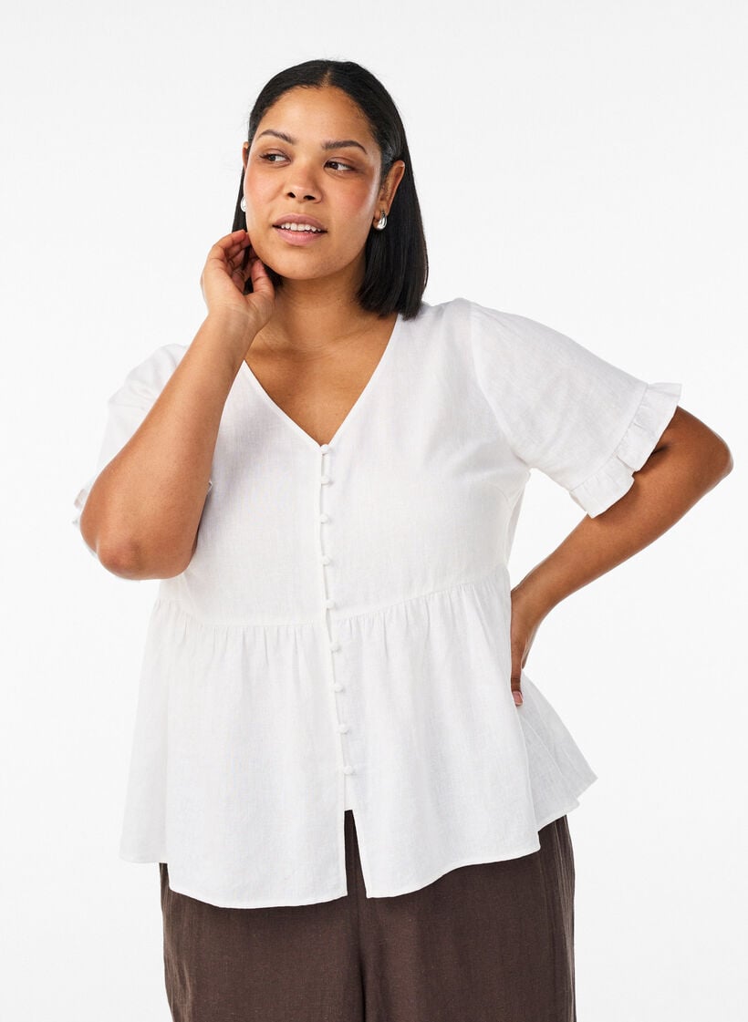 Blouse in linen and viscose with a V-neck and button fastening, White, Model image number 0