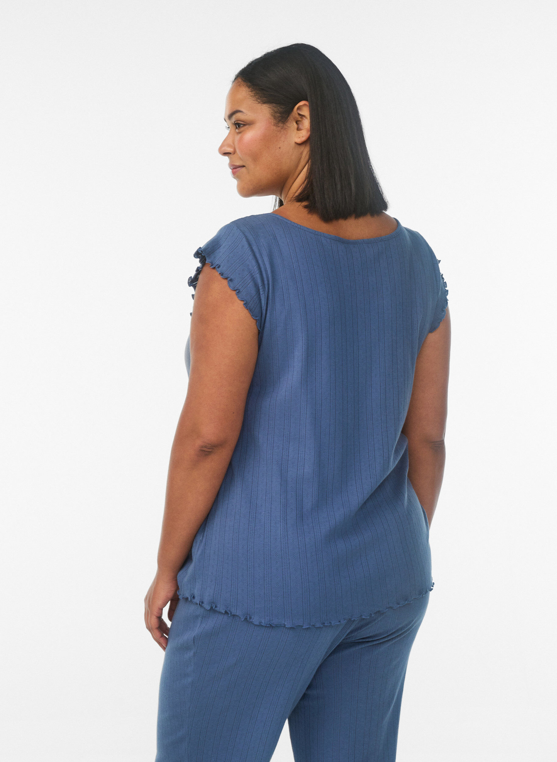 Zizzifashion Organic cotton pyjama top with cap sleeves, Blue, Model image number 2