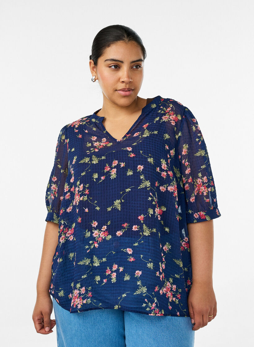 Blouse with floral print and V-neck, Blue, Model image number 0