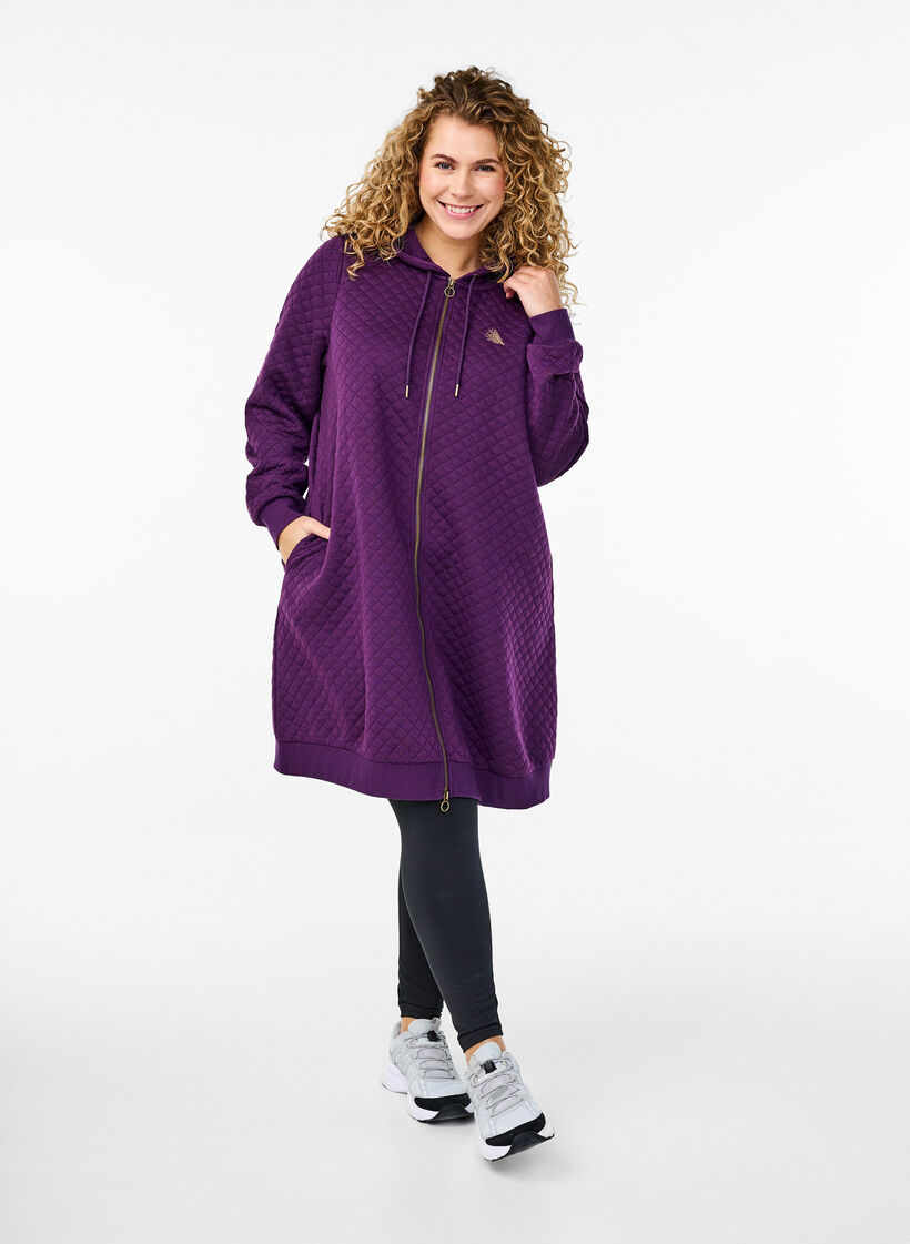 Long quilted sports cardigan with zipper, Purple, Model image number 1