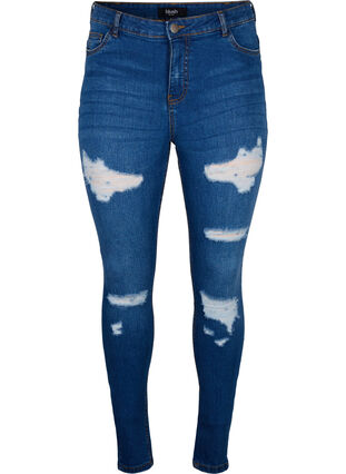 Slim fit jeans with abrasion details, Blue Denim, Packshot image number 0